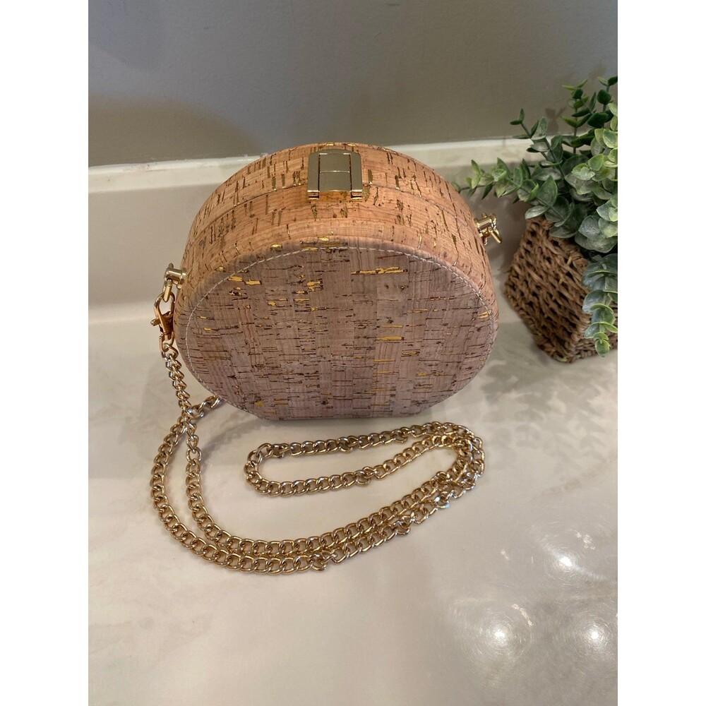 Gold Fleck Round Cork Crossbody Bag Gold Chain  High Fashion Shoulder Purse